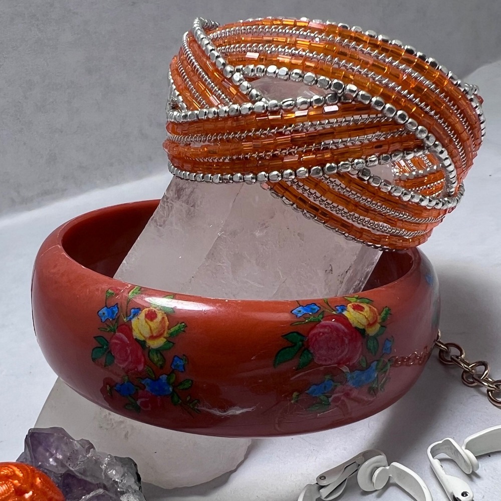 vtg - Modern Jewelry Orange Flowercore Bib Necklace Enamel Earrings Bangle‎ Cuff - Picture 8 of 16